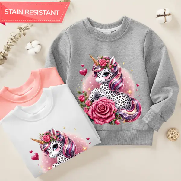 【12M-9Y】Girl Cotton Stain Resistant Rose Unicorn Print Long Sleeve Sweatshirt - Popopieshop.com 