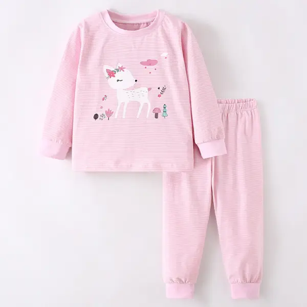 【18M-8Y】2-piece Girls Pink Striped Fawn Print Long Sleeve Pajama Set - Popopieshop.com 