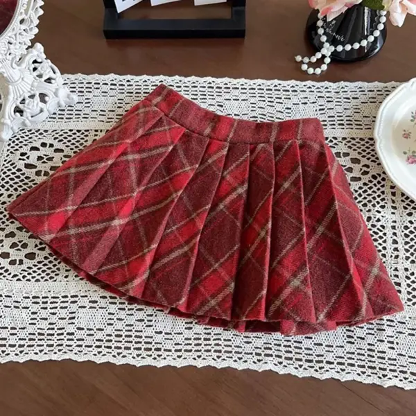 【18M-8Y】Girls Red Tweed Plaid Pleated Skirt - Popopieshop.com 