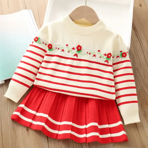 【18M-6Y】2-piece Girls Striped Floral Embroidered Long Sleeve Sweater And Skirt Set - Popopieshop.com 