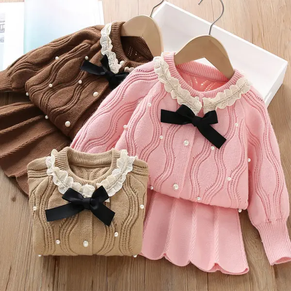 【18M-6Y】2-piece Girls Pearl Bow Long Sleeve Sweater Cardigan And Skirt Set - Popopieshop.com 