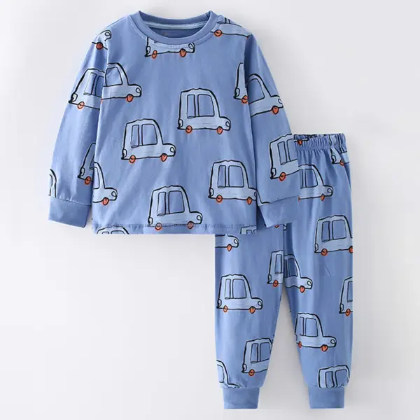 【18M-8Y】2-piece Boys Blue Car Print Long Sleeve Pajama Set - Popopieshop.com 