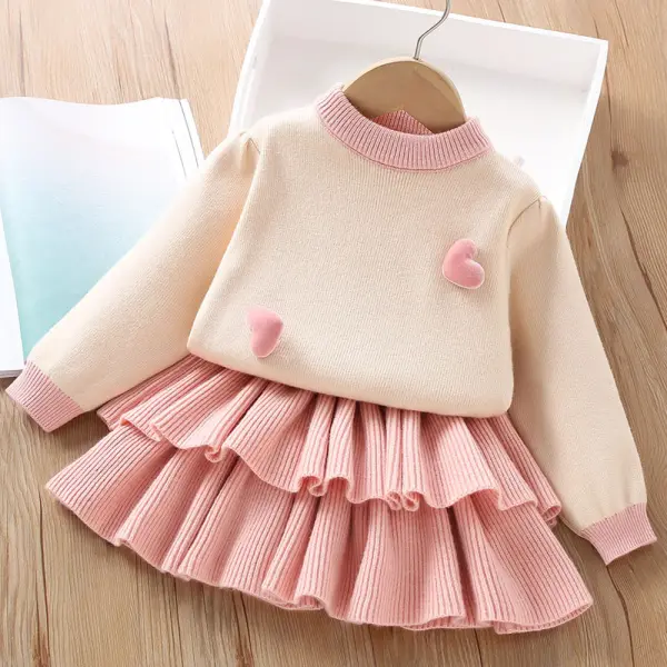【18M-6Y】2-piece Girls Heart Applique Long Sleeve Sweater And Ruffle Skirt Set - Popopieshop.com 