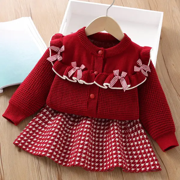 【18M-6Y】2-piece Girls Bow Long Sleeve Sweater Cardigan And Houndstooth Skirt Set - Popopieshop.com 