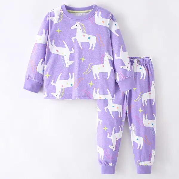 【18M-8Y】2-piece Girls Purple Unicorn Print Long Sleeve Pajama Set - Popopieshop.com 