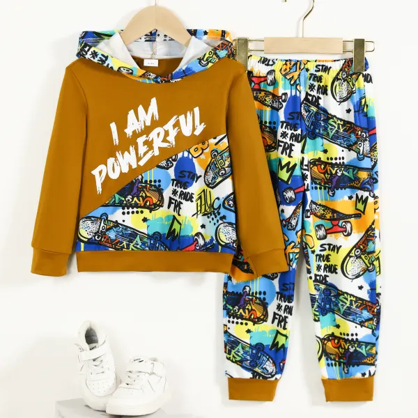 【3Y-7Y】2-piece Boys Stylish Letter Print Khaki Hooded Sweatshirt And Pants Set - Popopieshop.com 