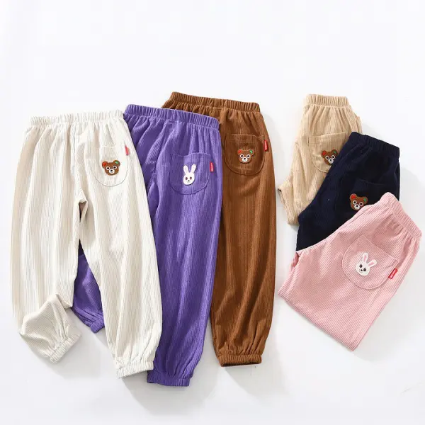 【18M-10Y】Kids Casual Cartoon Bear And Rabbit Embroidered Corduroy Pants - Popopieshop.com 