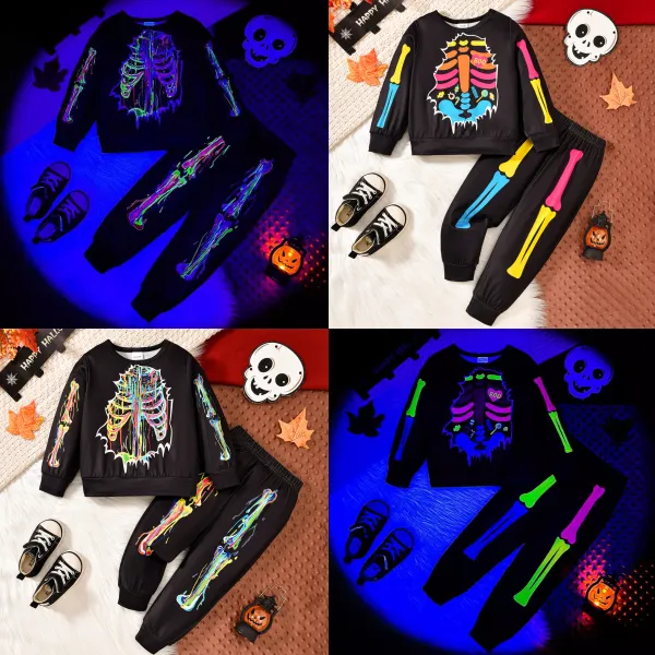 【18M-6Y】2-piece Kids Halloween Luminous Skull Print T-shirt And Pants Set - Popopieshop.com 