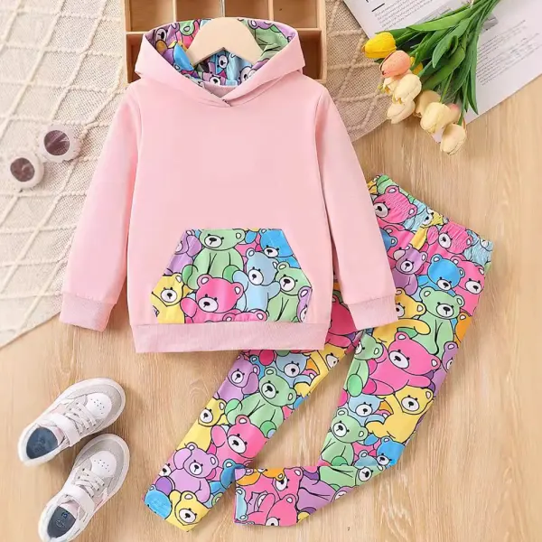 【2Y-8Y】2-piece Girl Cute Cartoon Colorful Bear Hooded Sweatshirt And Pants Set - Popopieshop.com 