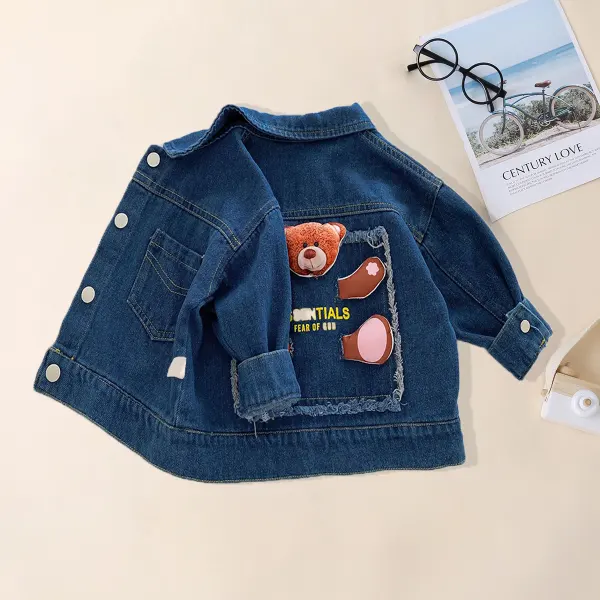 【6M-5Y】Boys Cute Bear Embroidered Lapel Denim Jacket - Popopieshop.com 