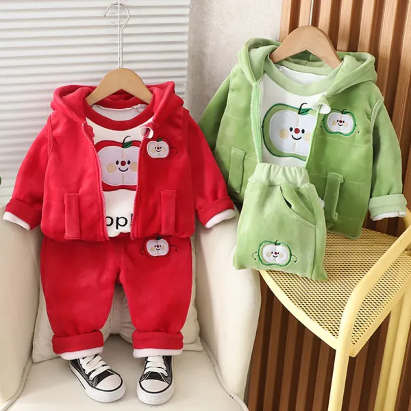 【12M-4Y】3-piece Unisex Cartoon Apple Embroidery Plus Velvet Keep Warm Round Neck Sweatshirt Hooded Vest Coat And Pants Set - Popopieshop.com 