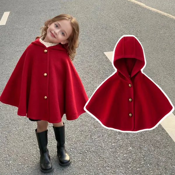 【2Y-8Y】Girls Fashion Red Woolen Hooded Cape Coat - 4154 - Popopieshop.com 