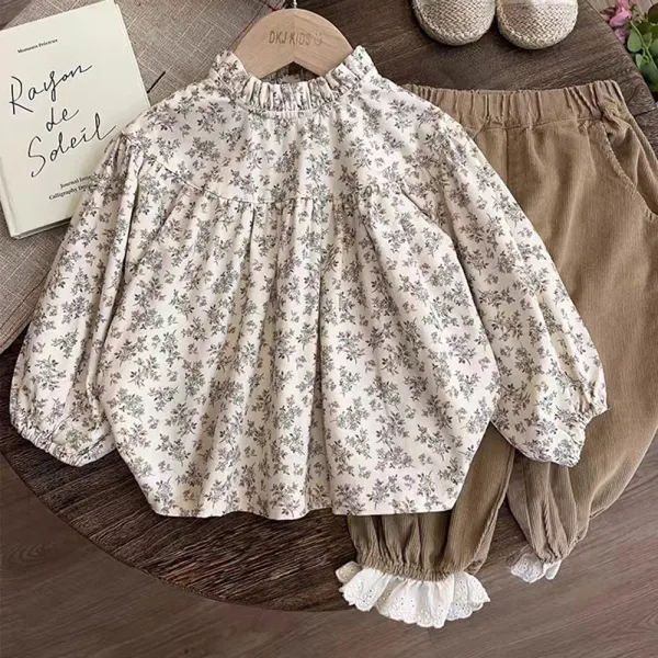 【2Y-8Y】2-piece Girls Retro Floral Puff Sleeve Shirt And Bloomers Set - Popopieshop.com 