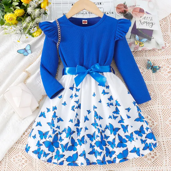 【2Y-7Y】Girl Sweet Blue Ruffled Splicing Butterfly Print Long-sleeved Dress - Popopieshop.com 