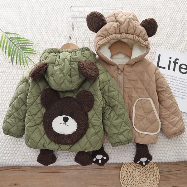 【12M-5Y】Unisex Casual Fleece Keep Warm Bear Embroidery Quilted Hooded Cotton Coat - Popopieshop.com 