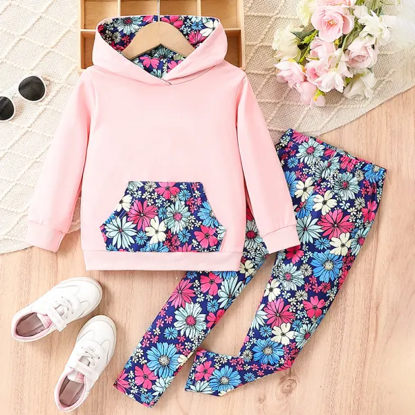 【2Y-8Y】2-piece Girl Cute Cartoon Floral Hooded Sweatshirt And Pants Set - Popopieshop.com 