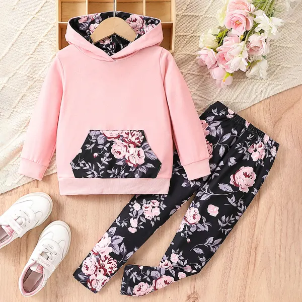 【2Y-8Y】2-piece Girl Cute Cartoon Floral Hooded Sweatshirt And Pants Set - Popopieshop.com 