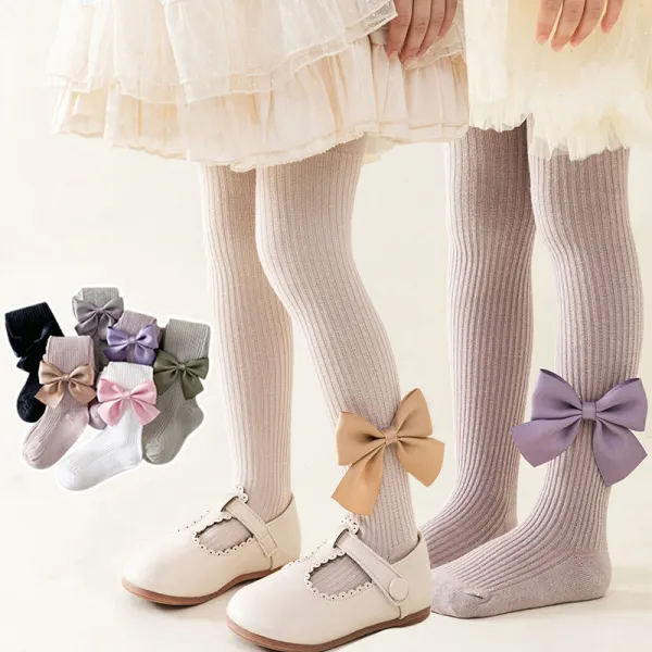 【12M-5Y】Girls Sweet Cotton Solid Color Bowknot Multicolor High Elastic Tights - Popopieshop.com 