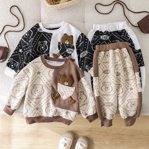 【12M-5Y】2-piece Boys Cute Bear Print Round Neck Sweatshirt And Pants Set - Popopieshop.com 