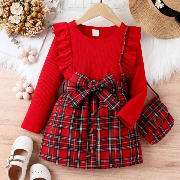 【3Y-7Y】3-piece Girls Sweet Red Ruffled Long-sleeved T-shirt And Plaid Skirt Set With Crossbody Bag - Popopieshop.com 