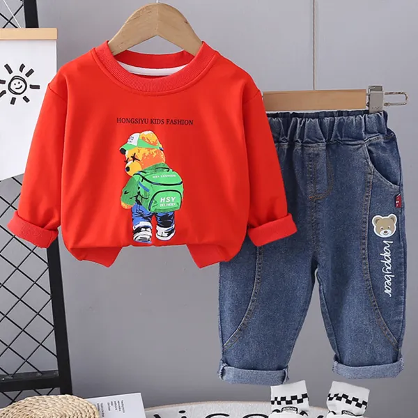 【12M-5Y】2-piece Boys Casual Cotton Bear Print Round Neck Sweatshirt And Jeans Set - Popopieshop.com 