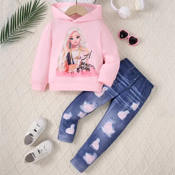 【3Y-8Y】2-piece Girls Casual Grilled Cartoon Printe Hooded Long-sleeved Sweatshirt And Imitation Denim Printed Pants Set - Popopieshop.com 
