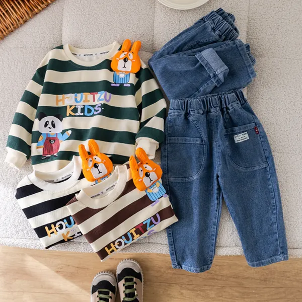 【12M-5Y】2-piece Boys Casual Striped Cartoon Panda Print Round Neck Sweatshirt And Jeans Set - Popopieshop.com 
