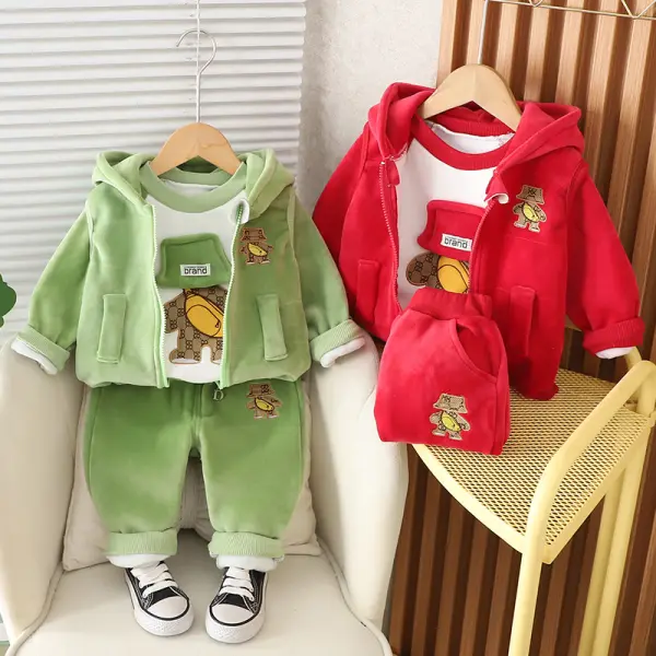 【12M-4Y】3-piece Boys Cute Backpack Bear Embroidered Round Neck Sweater Hooded Vest Coat And Pants Set - Popopieshop.com 