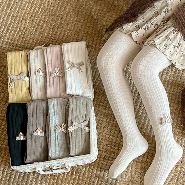 【6M-5Y】Girls Sweet Cotton Solid Color Bowknot Multicolor High Elastic Tights - Popopieshop.com 