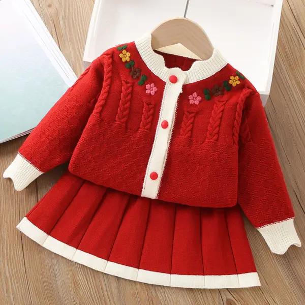 【18M-6Y】2-piece Girls Floral Embroidered Sweater Cardigan And Skirt Set - Popopieshop.com 