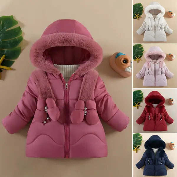 【12M-4Y】Girls Thick Fleece Pearl Butterfly Hooded Quilted Jacket - Popopieshop.com 