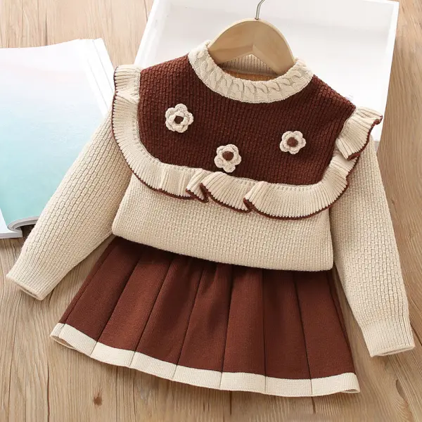 【18M-6Y】2-piece Girls Floral Applique Long Sleeve Sweater And Skirt Set - Popopieshop.com 
