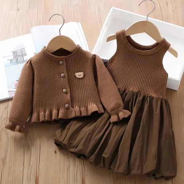 【18M-6Y】2-piece Girls Bear Embroidered Sweater Cardigan And Dress Set - Popopieshop.com 