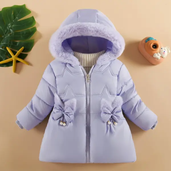 【12M-4Y】Girls Thick Fleece Pearl Bow Hooded Quilted Jacket - Popopieshop.com 