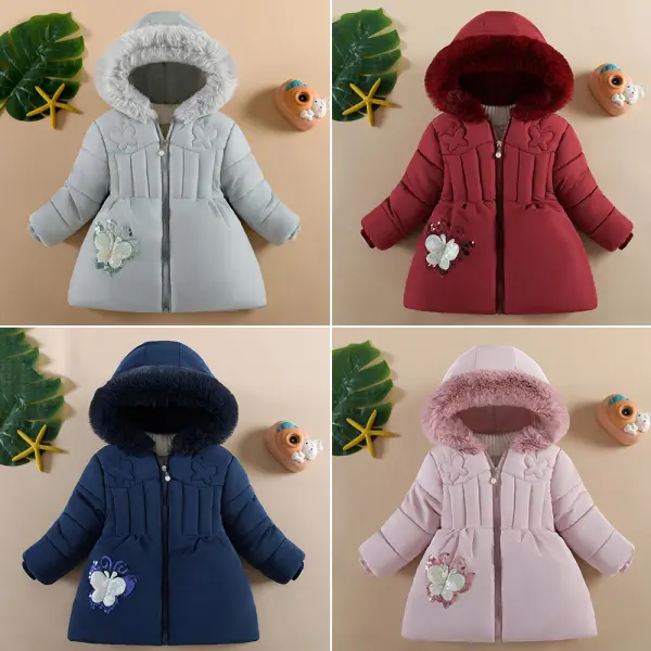 【12M-4Y】Girls Thick Fleece Sequin Butterfly Embroidered Hooded Quilted Jacket - Popopieshop.com 