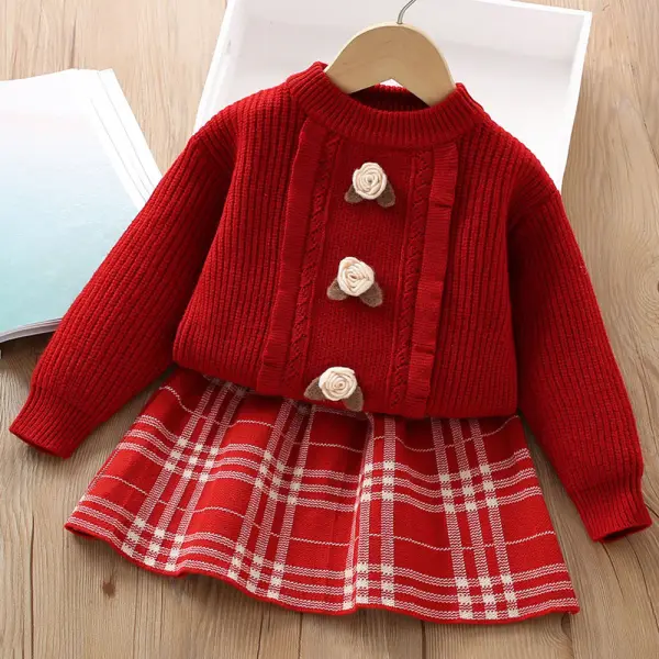 【18M-6Y】2-piece Girls Floral Applique Long Sleeve Sweater And Plaid Skirt Set - Popopieshop.com 
