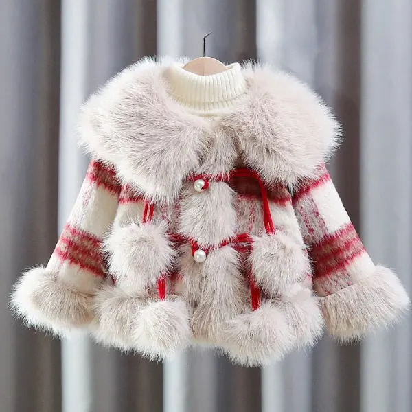 【18M-6Y】Girls Stylish Faux Fur And Plaid Patterned Tweed Lapel Jacket - Popopieshop.com 