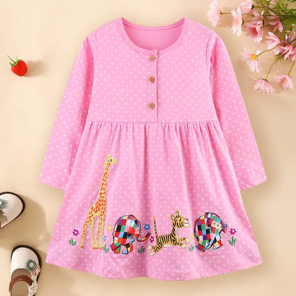 【1Y-7Y】Girls Cute Giraffe And Tiger And Elephant Embroidered Pink Polka Dot Dress - Popopieshop.com 