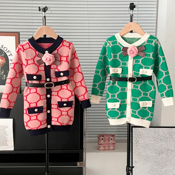 【18M-6Y】2-piece Girls Chanel Style Letter Jacquard Round Neck Sweater Dress With Belt - Popopieshop.com 