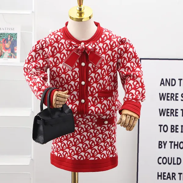 【18M-6Y】2-piece Girls Chanel Style Letter Jacquard Bowknot Round Neck Sweater Coat And Skirt Set - Popopieshop.com 