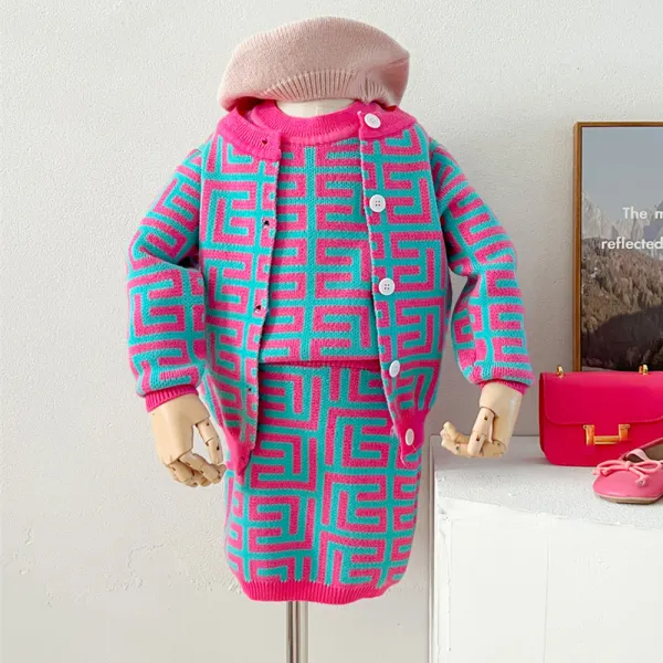 【18M-6Y】3-piece Girls Fashion Geometric Jacquard Round Neck Vest Long Sleeve Sweater Coat And Skirt Set - Popopieshop.com 