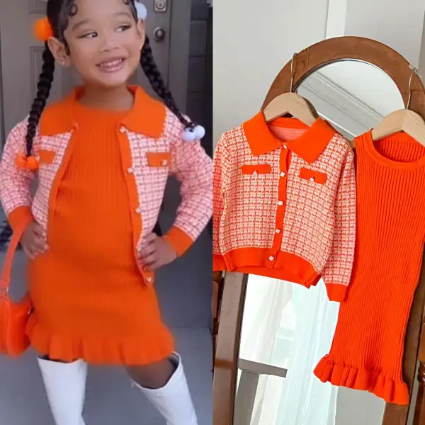 【18M-6Y】2-piece Girls Fashion Plaid Jacquard Lapel Sweater Coat And Ruffle Sleeveless Dress Set - Popopieshop.com 