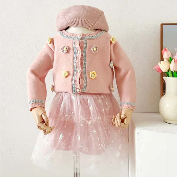 【18M-6Y】2-piece Girls Sweet Three-dimensional Floral Round Neck Sweater Coat And Glitter Chiffon Skirt Set - Popopieshop.com 
