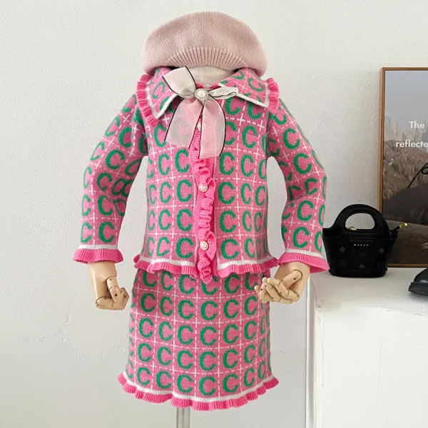 【18M-6Y】2-piece Girls Fashion Letter Jacquard Lapel Vest Long Sleeve Sweater Coat And Skirt Set - Popopieshop.com 