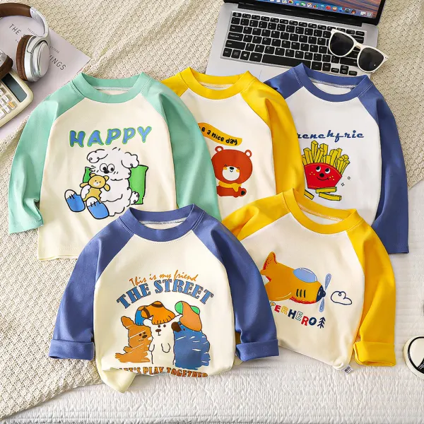 【6M-6Y】Unisex Cute Cotton Cartoon Print Color Block Long-sleeved T-shirt - Popopieshop.com 