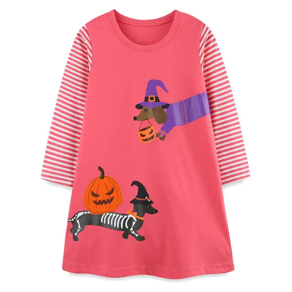 【18M-7Y】Girls Rose Stripe Halloween Cartoon Print Long Sleeve Dress - Popopieshop.com 
