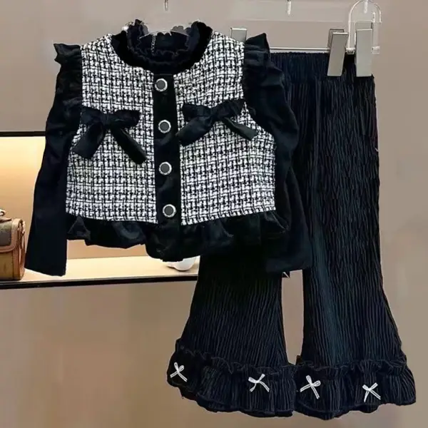 【9M-4Y】3-piece Girls Black Long Sleeve T-shirt And Plaid Bow Vest And Pants Set - Popopieshop.com 