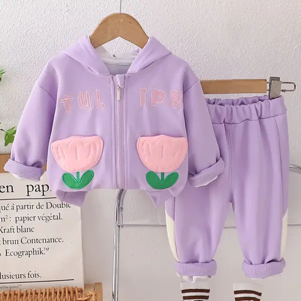 【9M-4Y】2-piece Girls Floral Embroidered Hooded Jacket And Pants Set - Popopieshop.com 