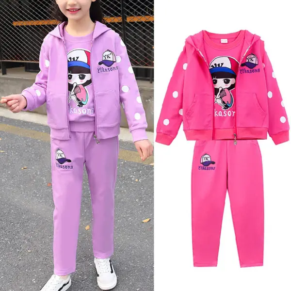 【4Y-12Y】3-piece Girls Polka Dot Cartoon Print Embroidered Long Sleeve Sweatshirt And Vest And Pants Set - Popopieshop.com 