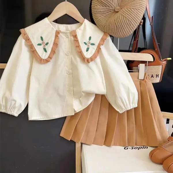 【18M-8Y】2-piece Girls Khaki Floral Embroidered Long Sleeve Shirt And Pleated Skirt Set - Popopieshop.com 